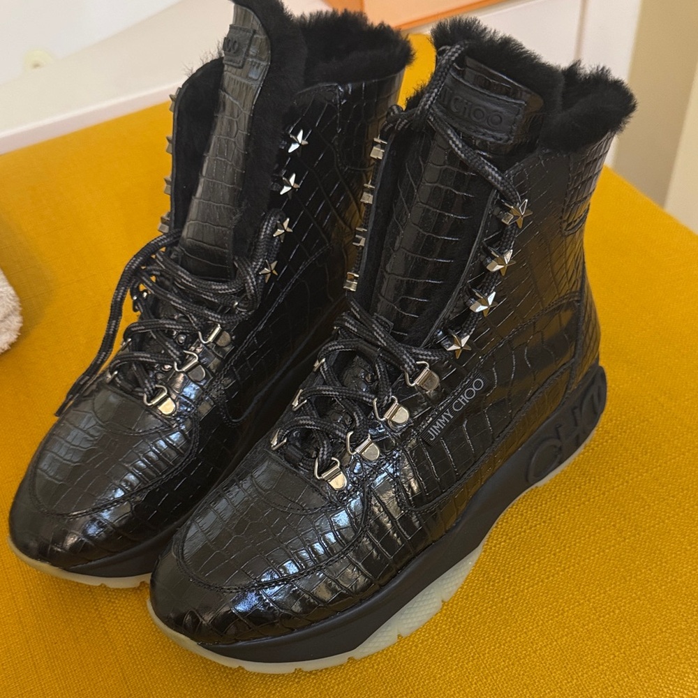 Jimmy Choo Black Croc-Embossed Lace Up Boots